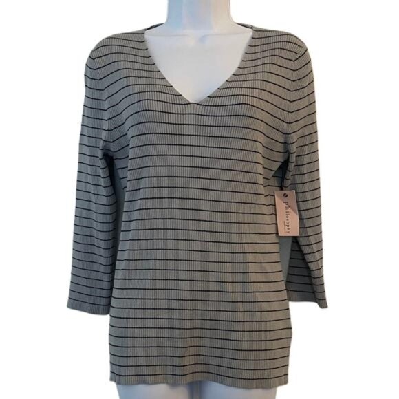 Philosophy Tops - Philosophy Republic Clothing Women's Striped Black Grey White V Neck Blouse  XL